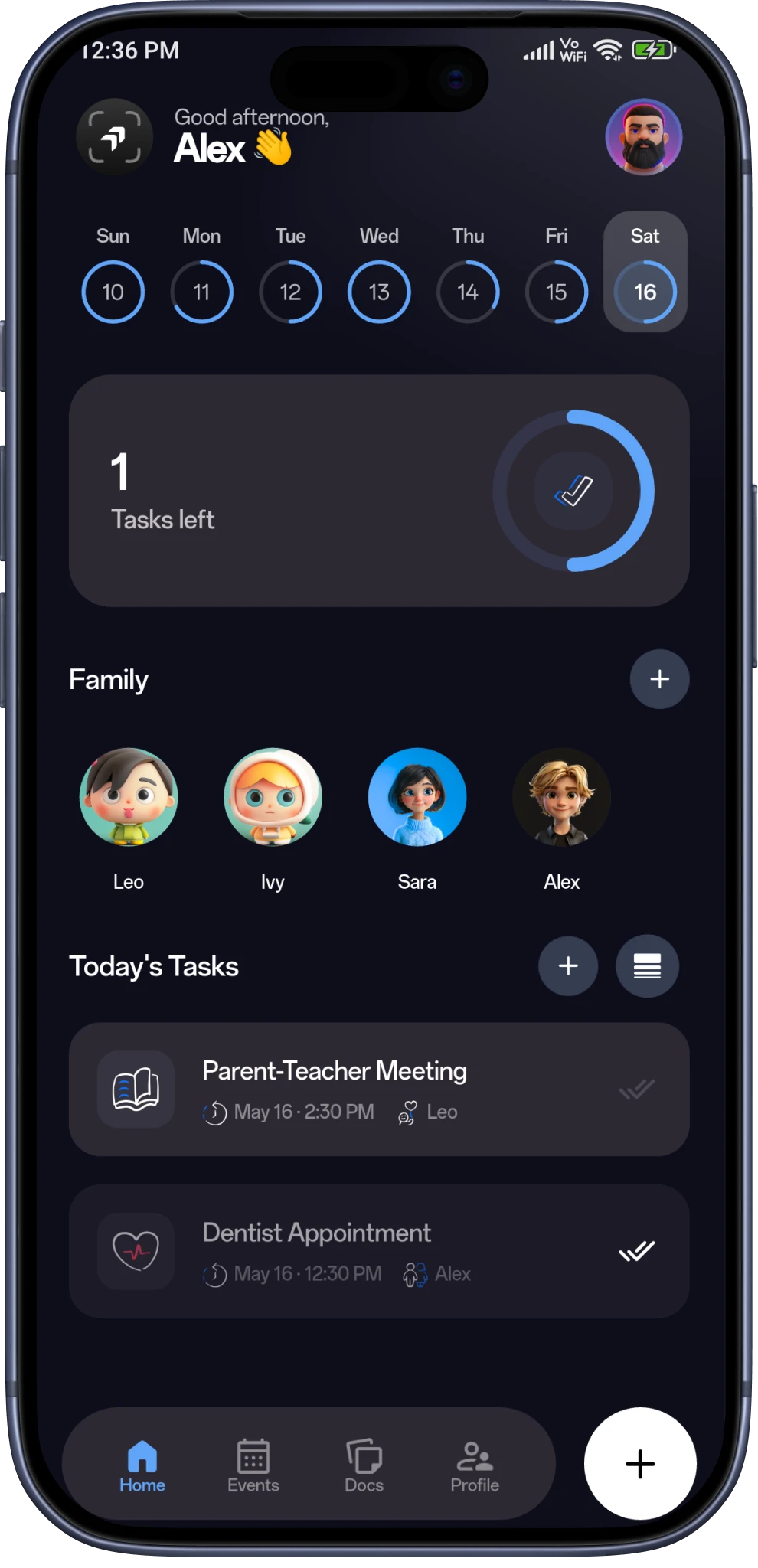 iPhone mockup showing family calendar